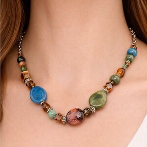 Vintage Boho Chunky Beaded Statement Necklace Multicolor Semi-Precious Style